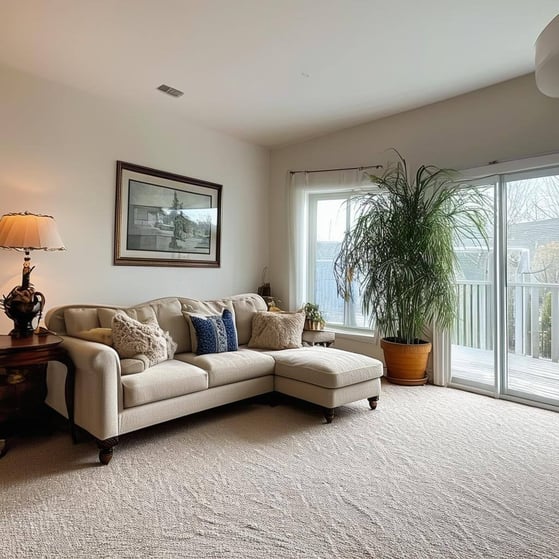 A beautiful living room with carpet floor looking fresh and clean after being professionally cleaned