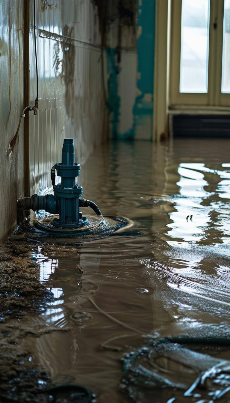 A floor flooded with sewage water with a pump connected to the center-2