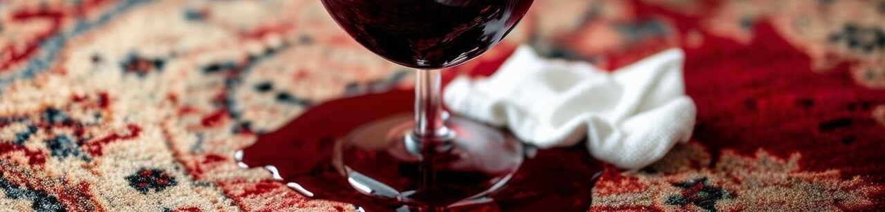 A glass of red wine spilled on a beautiful carpet, with someone blotting the stain with a white cloth-1