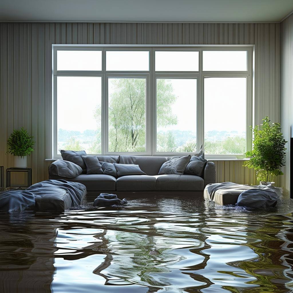 A living room with a flood