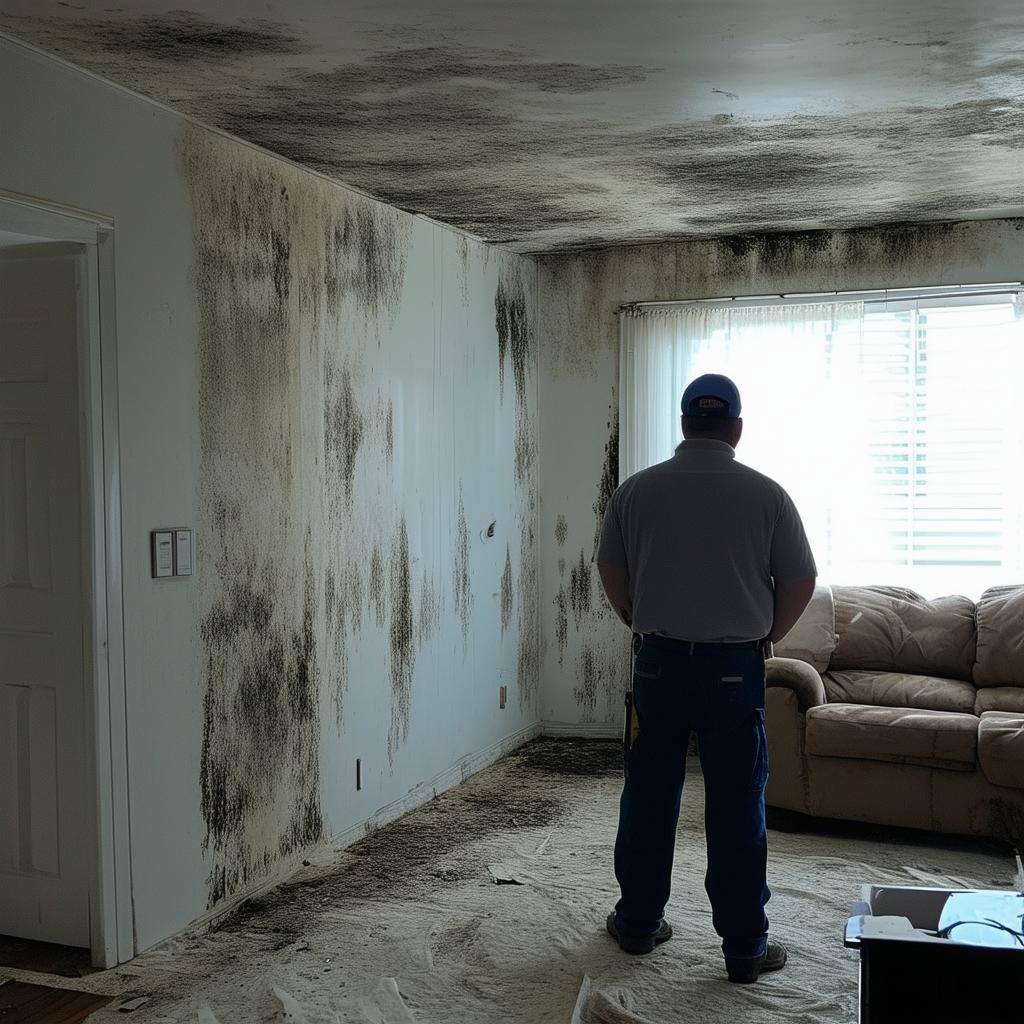 A living room with mold in their walls and a technician facing backwards