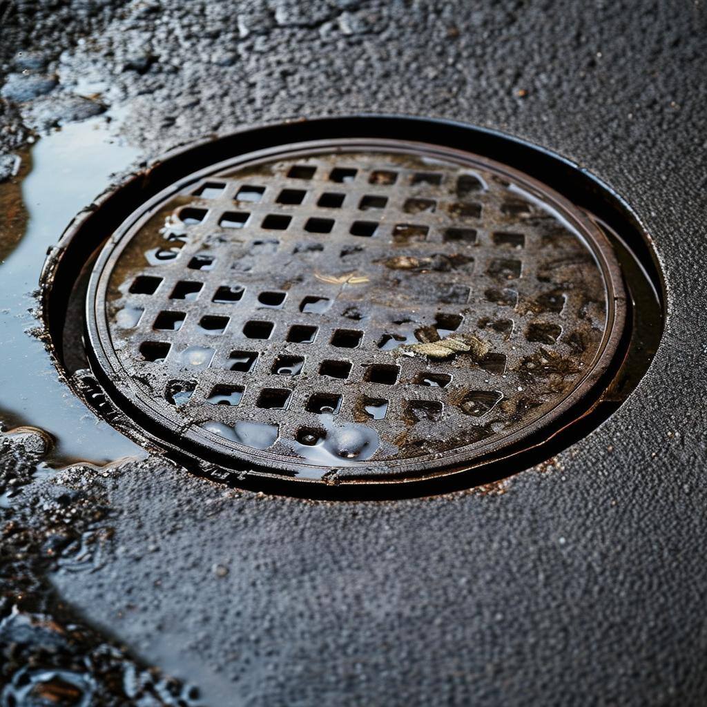 A picture of a manhole cover with a bit of water around it