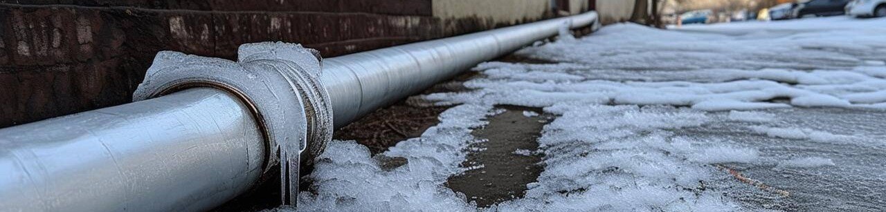 An exposed pipe frozen outdoors from afar-1