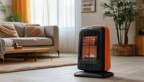 An image of a living room with a working space heater