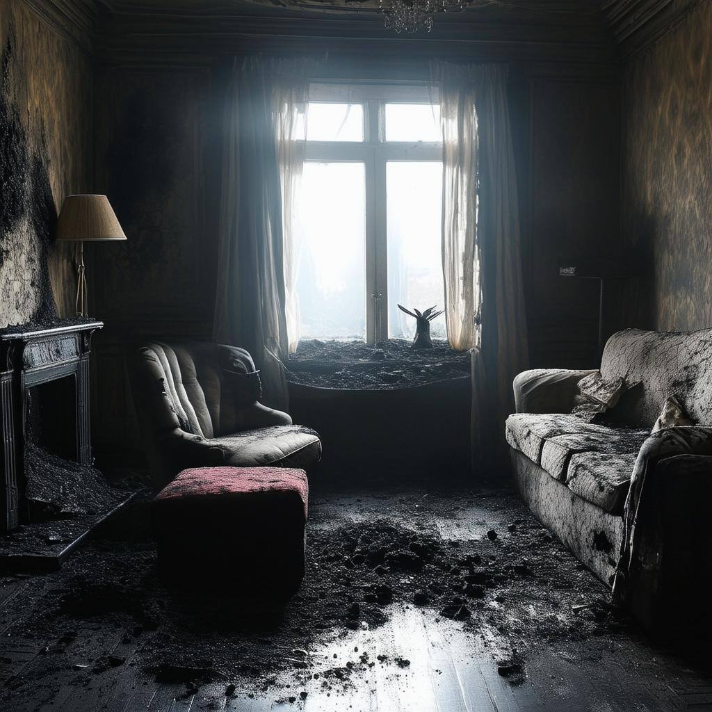 living room with soot