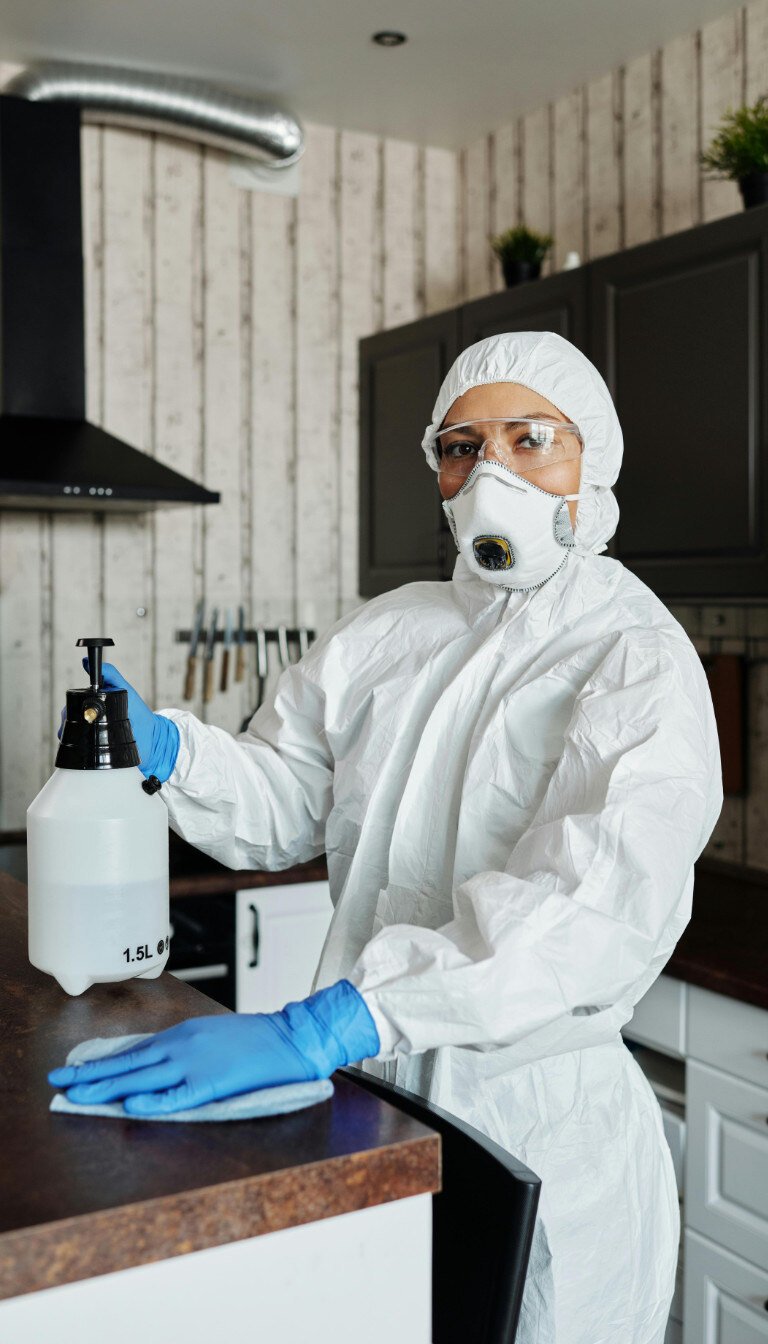 A woman wearing PPE applying odor removal solution to a table