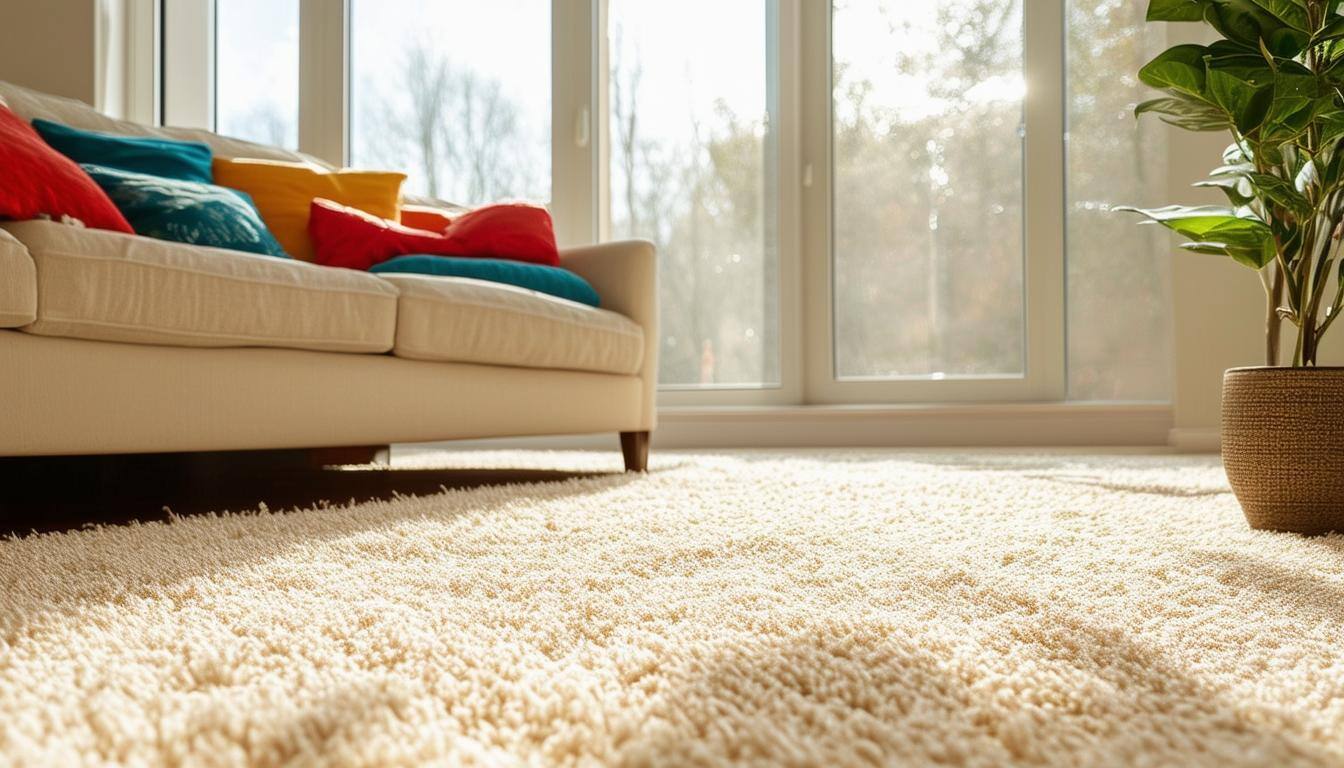 Carpet flooring in a living room with a sofa and a plant