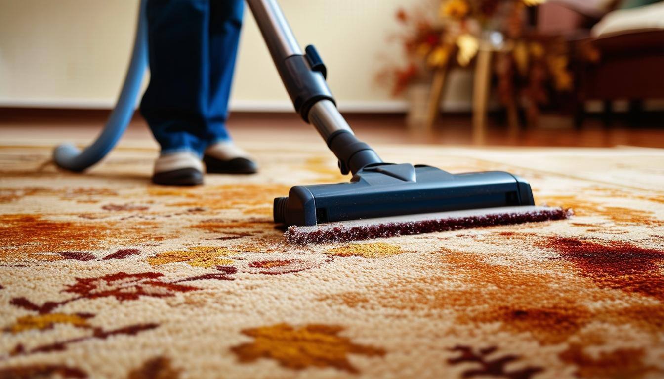 A lady cleaning carpet stains with a vacuum.