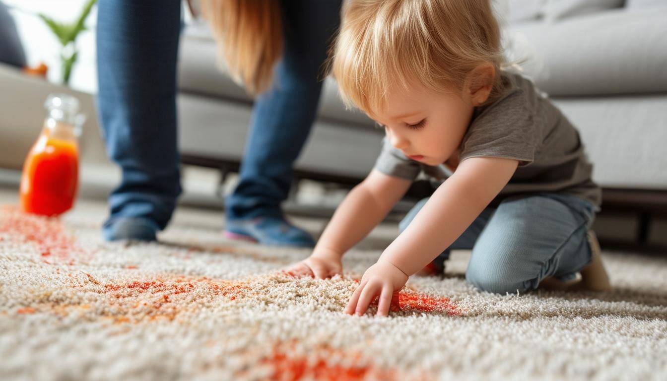 A child helping clean a stain in the carpet