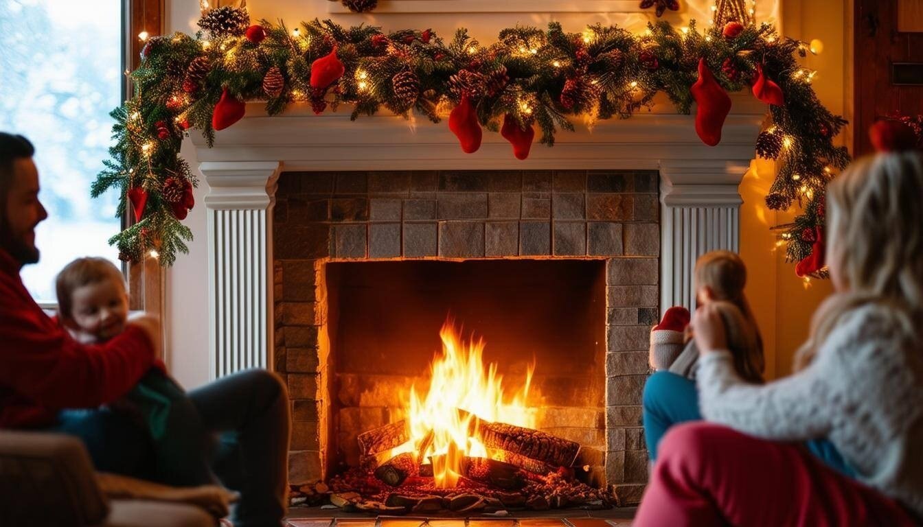 A cozy fireplace with a family around it