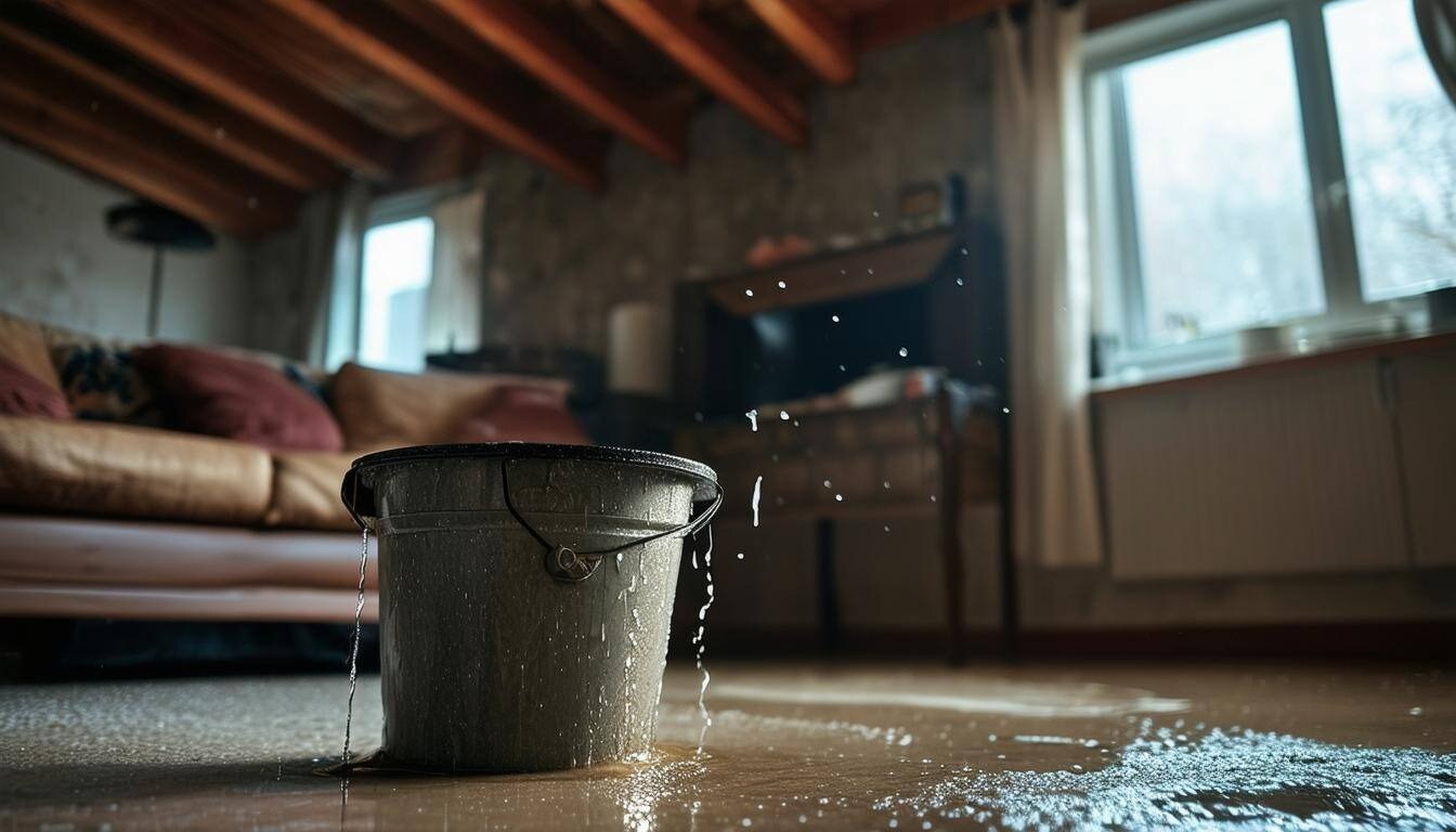 A bucket catching water from a roof leak.