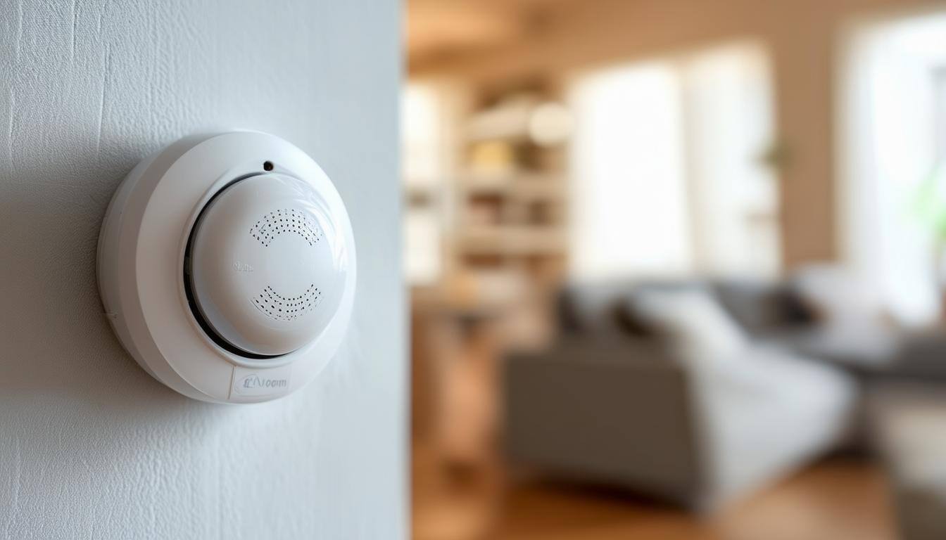 A smoke alarm set against a wall and a living room out of focus in the background.