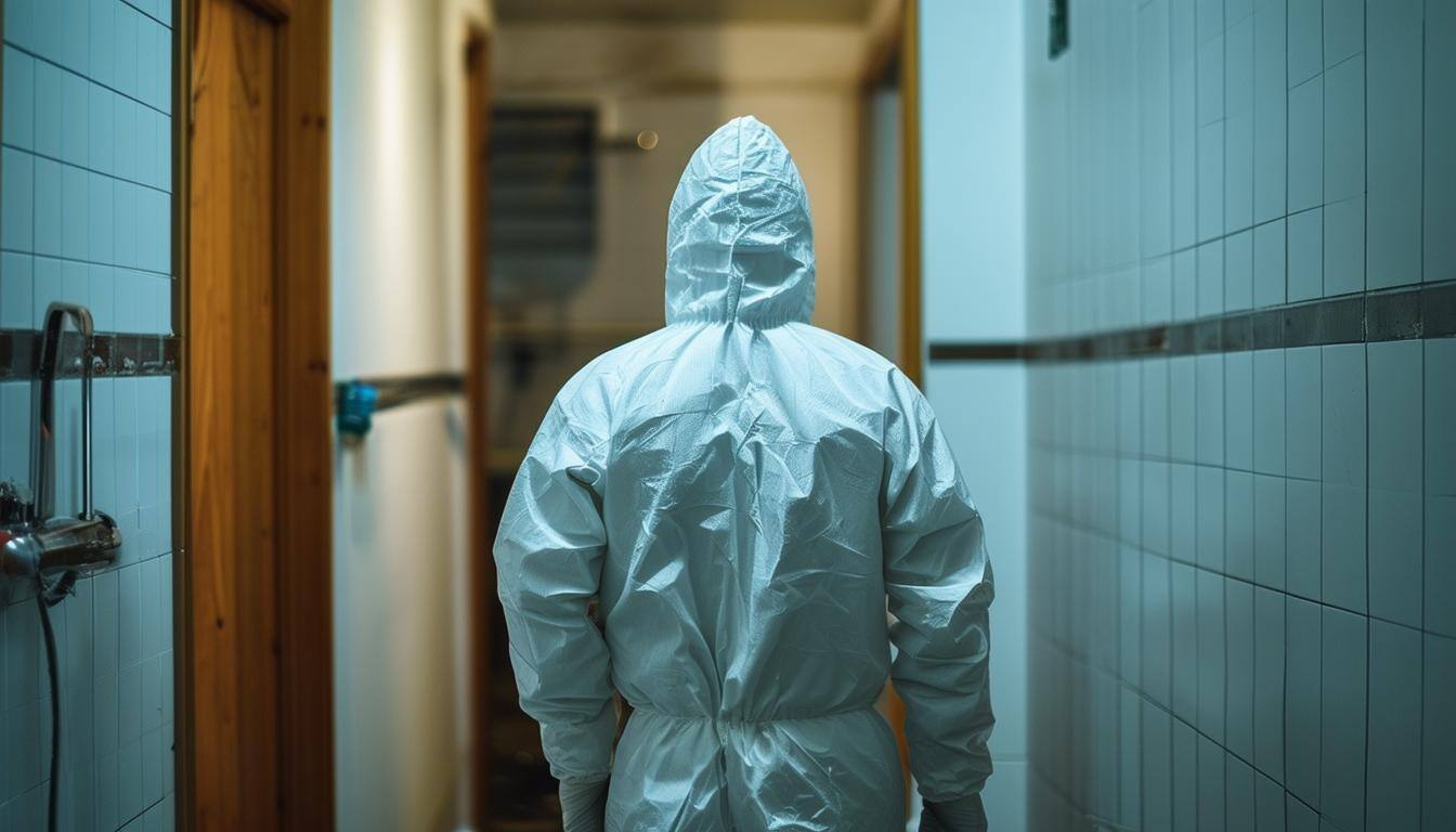 A technician examining a sewage backup.