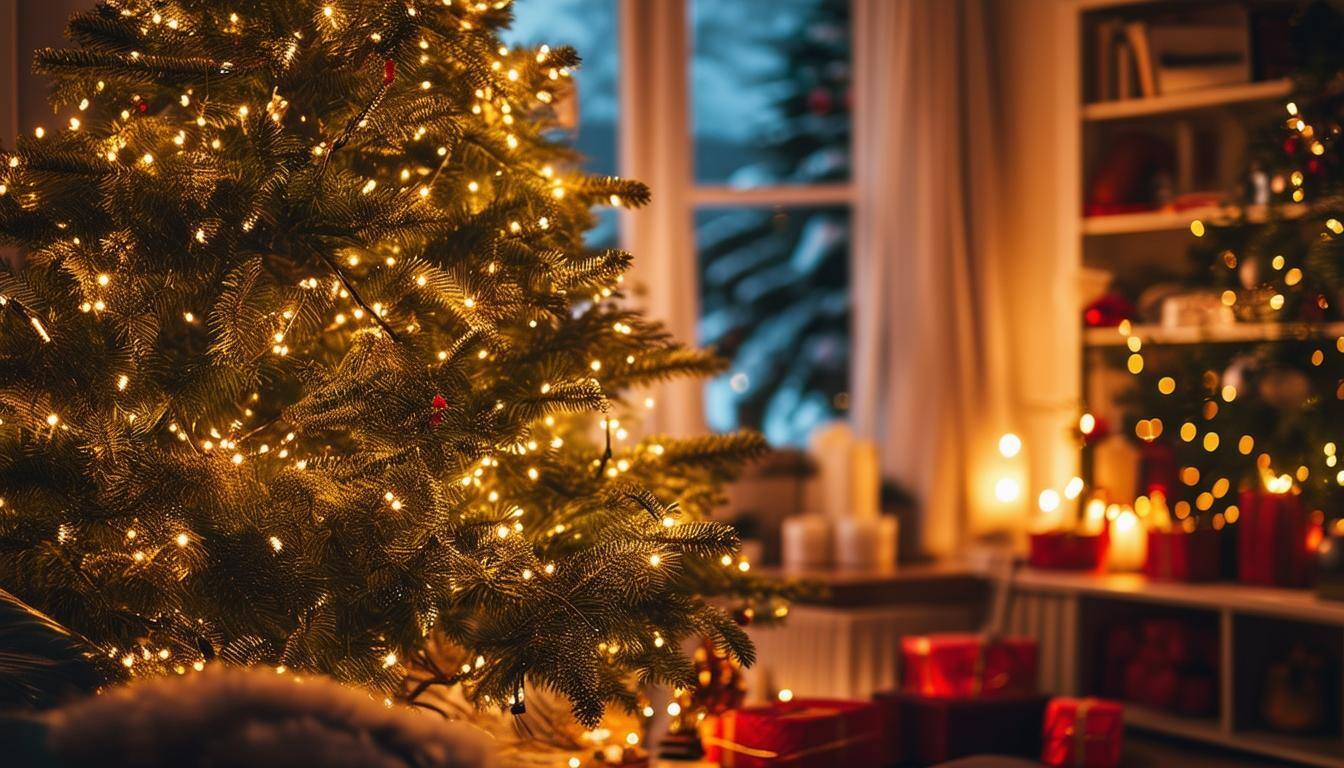 A Christmas tree decorated by lights in a cozy living room.