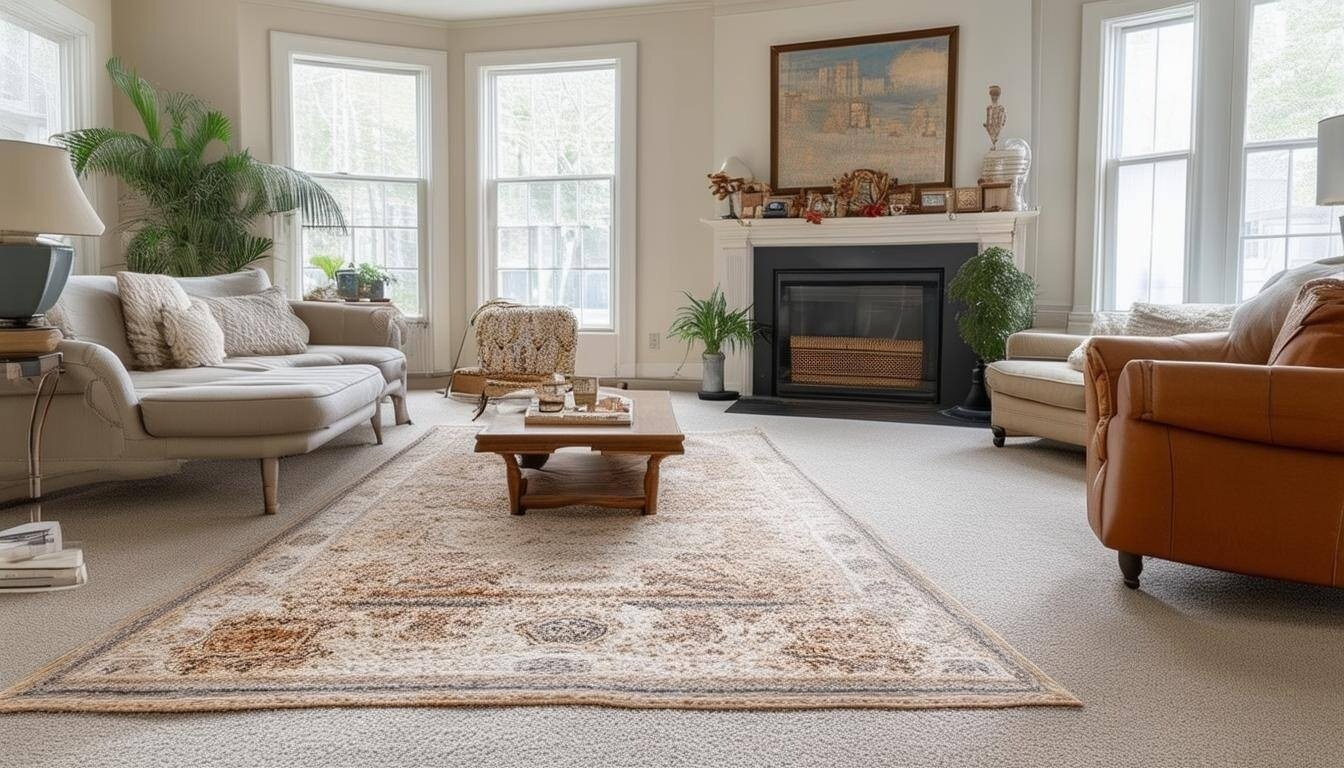 A cozy warm living room with carpet flooring and a rug