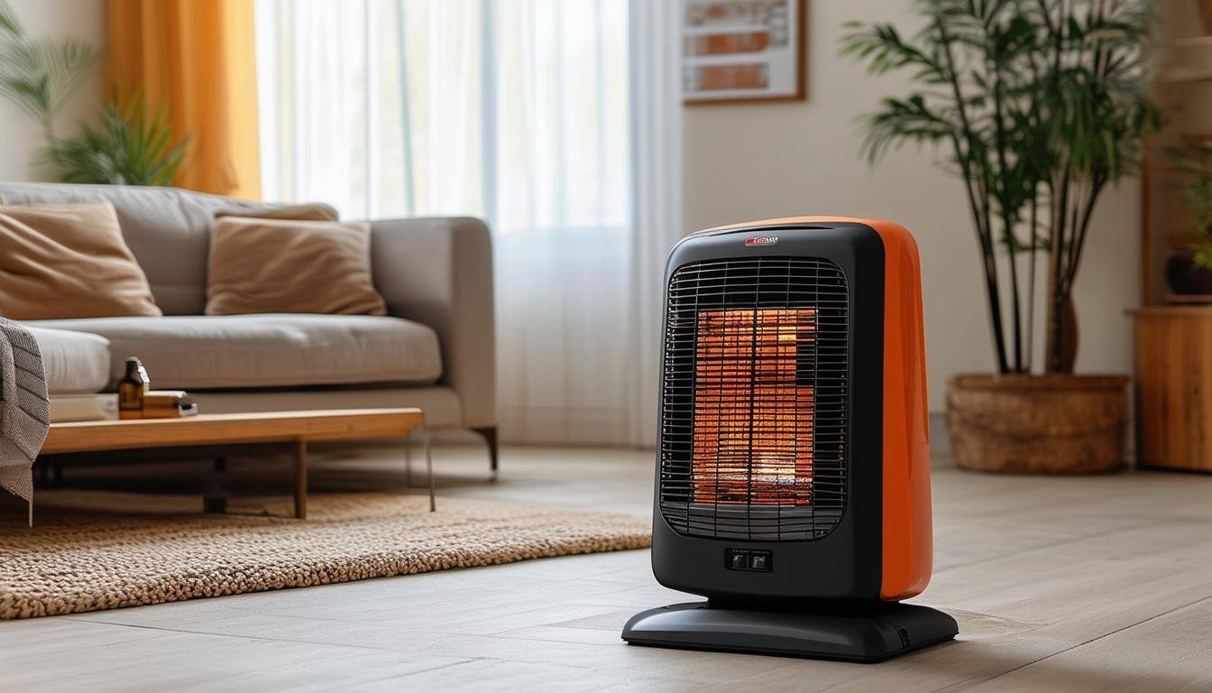 A living room with a space heater