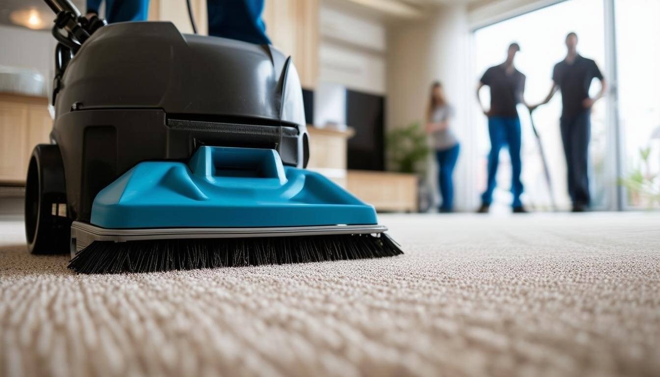 People at Restore-It cleaning a light colored carpet.