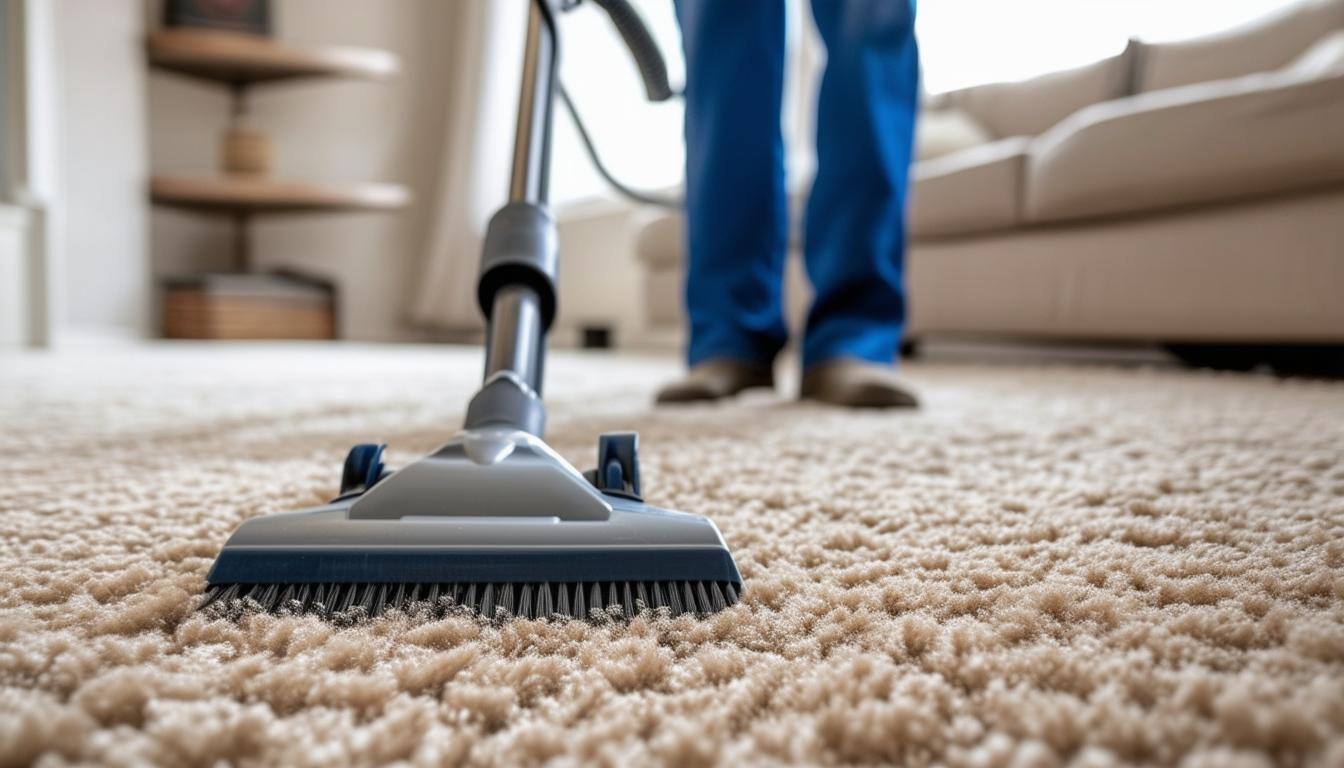 A technician cleaning a carpet in a living room.