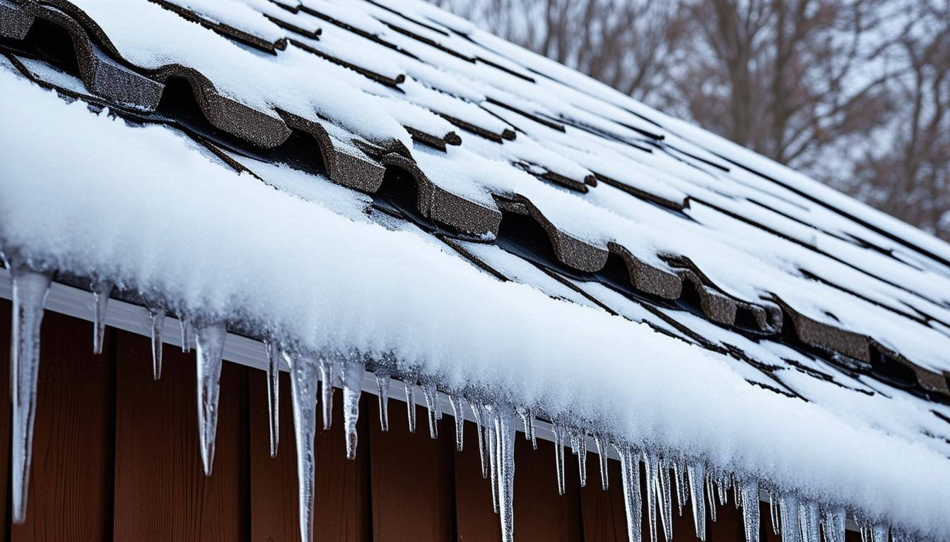 Ice dam in a roof.