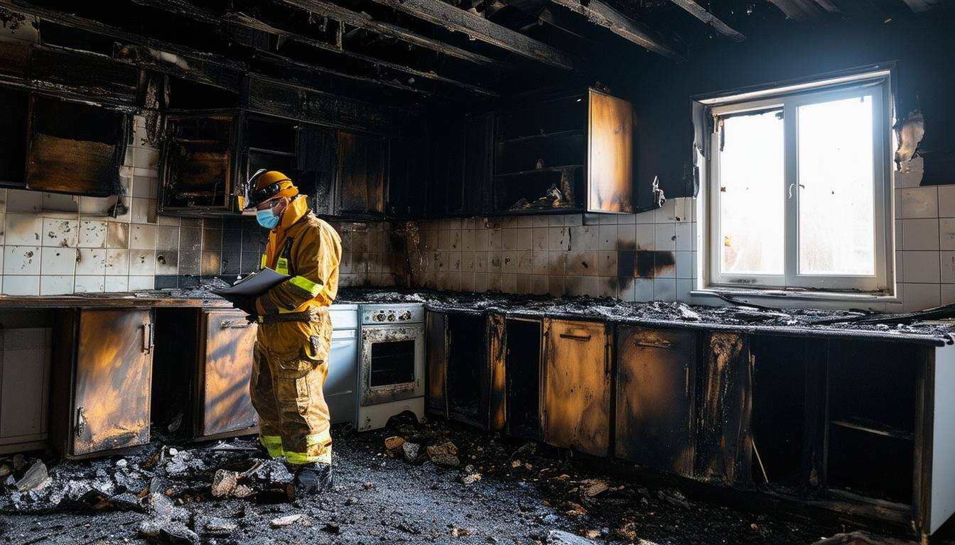 A professional examining fire damage in a kitchen.