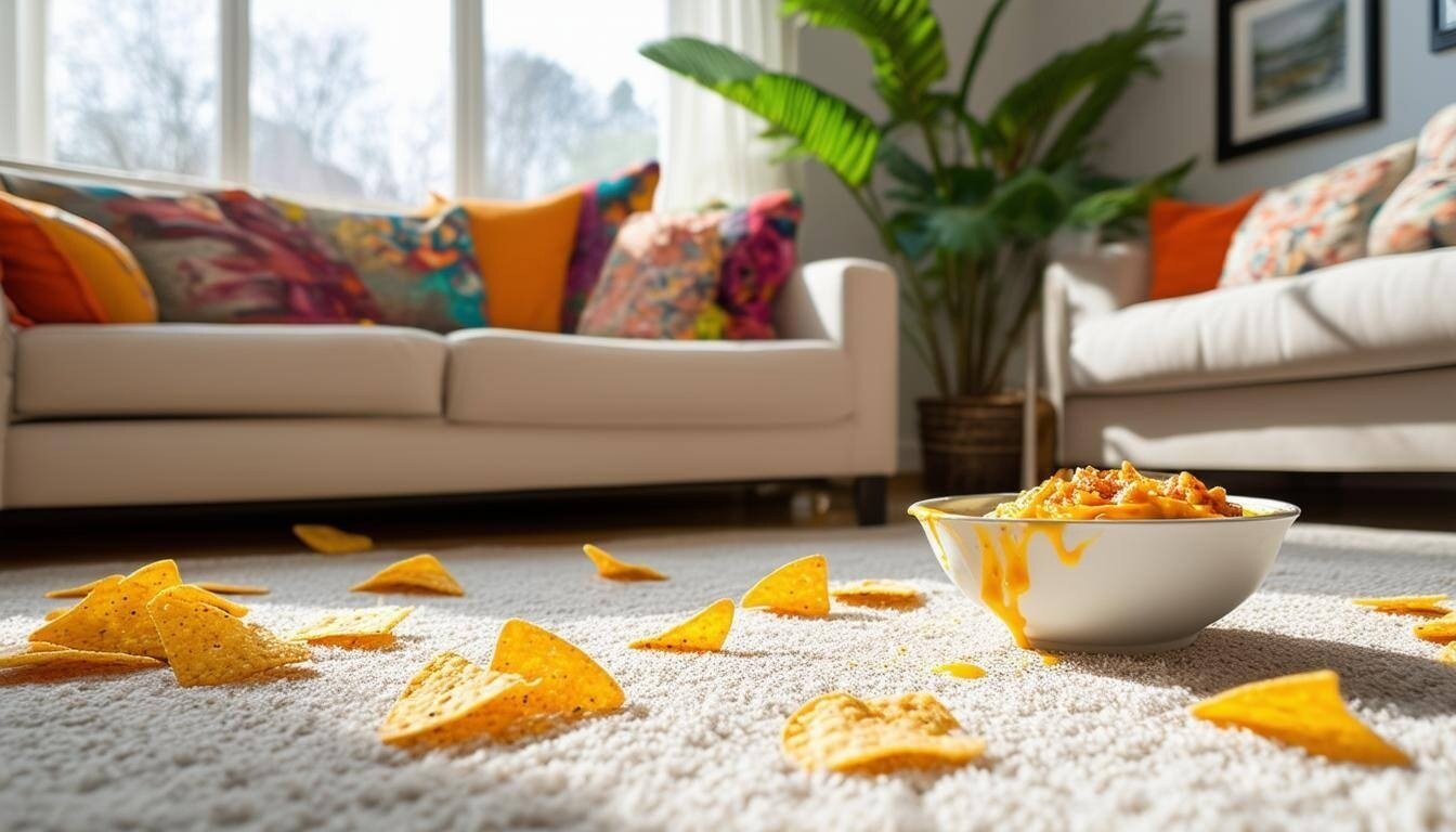 A light colored carpet with greasy snacks in the corner.