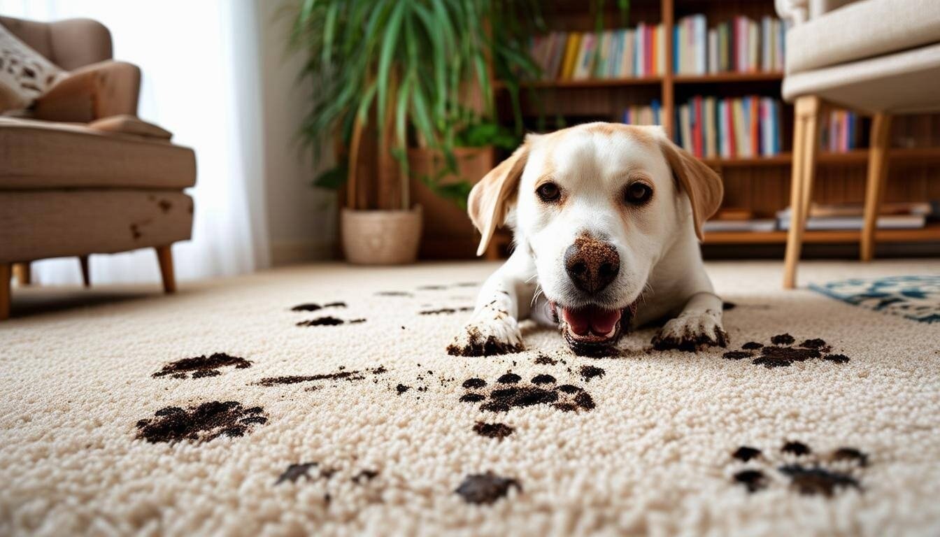 A carpet with muddy paw stains