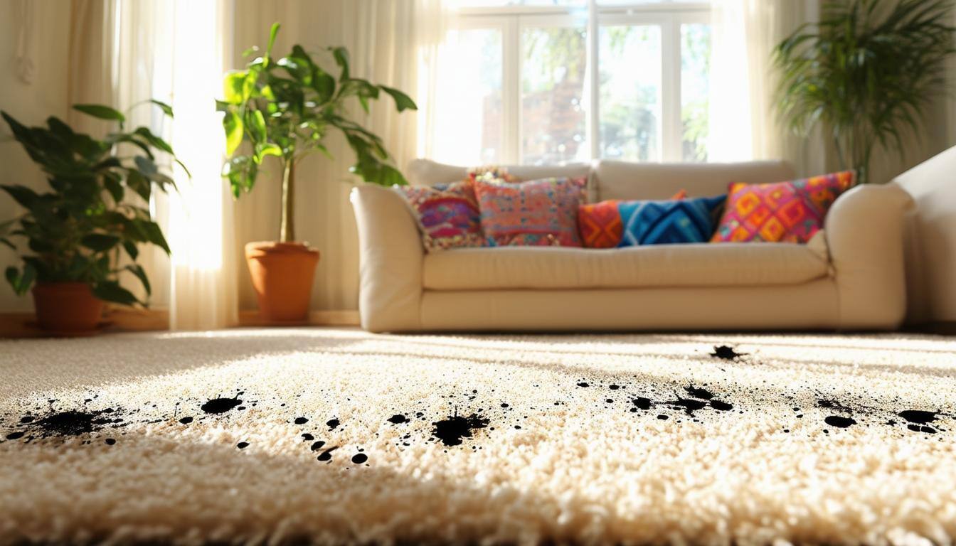 A light-colored carpet with black ink stains.