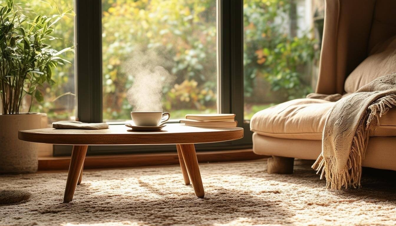 A carpet with a coffee table in the center.