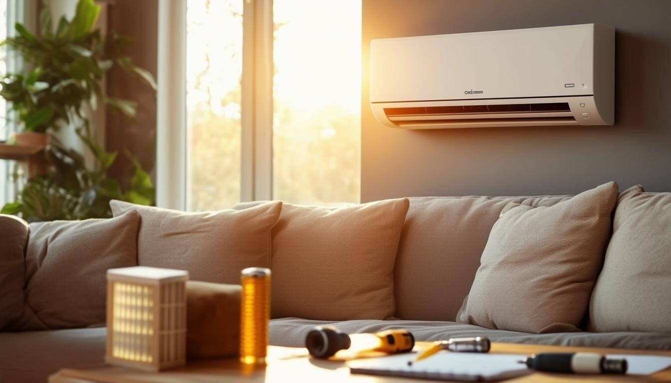 A living room with an air conditioner