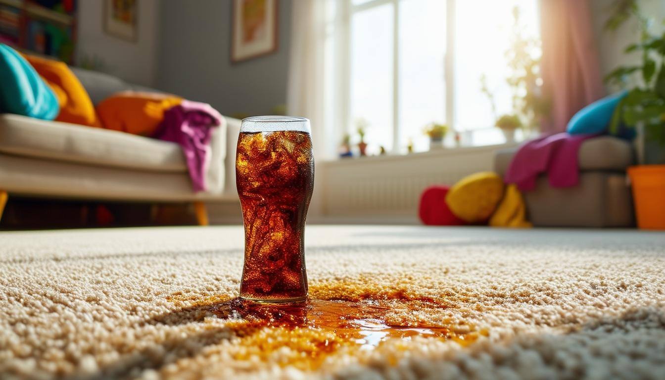 A carpet with stains from a sugary soda.