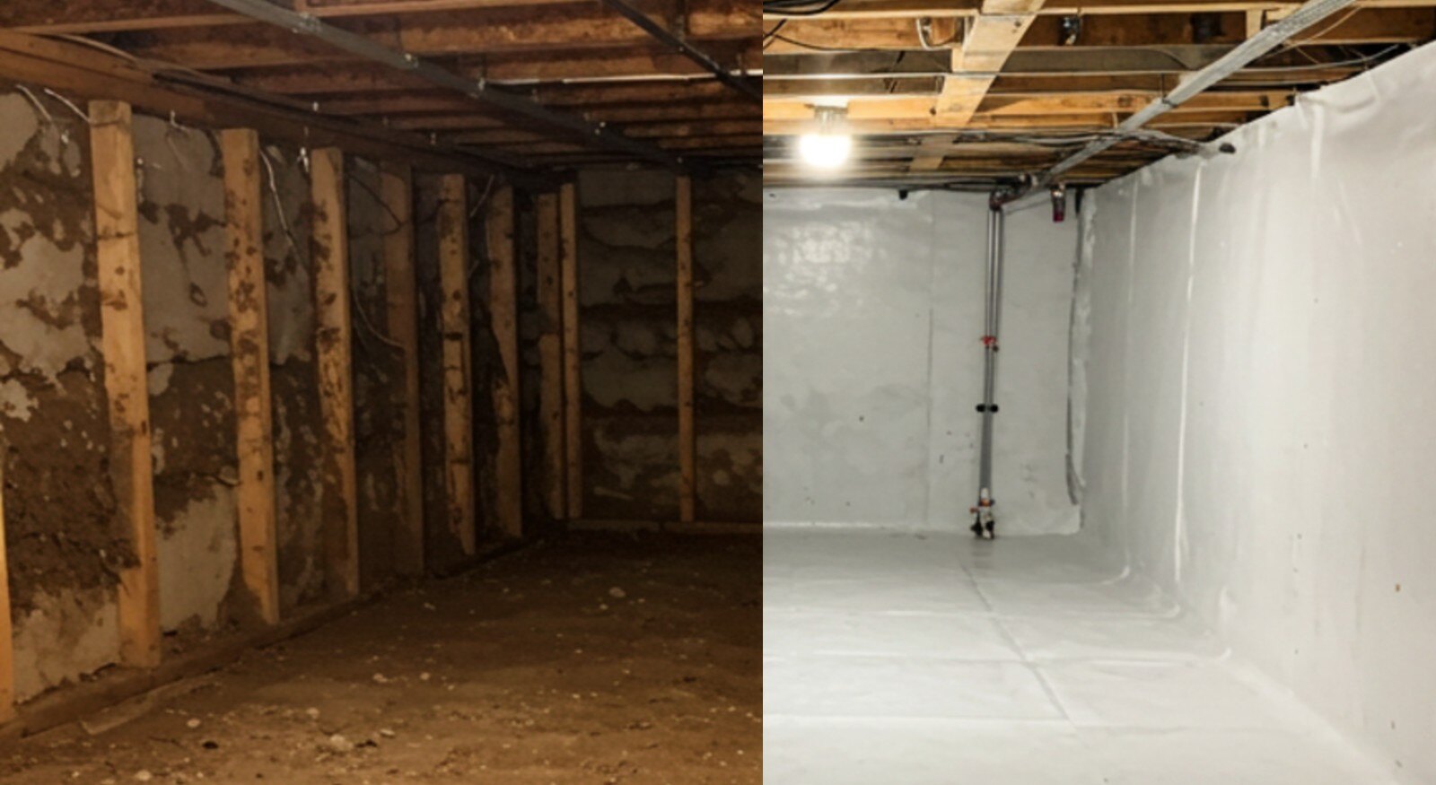 A picture of a crawlspace before and after encapsulation