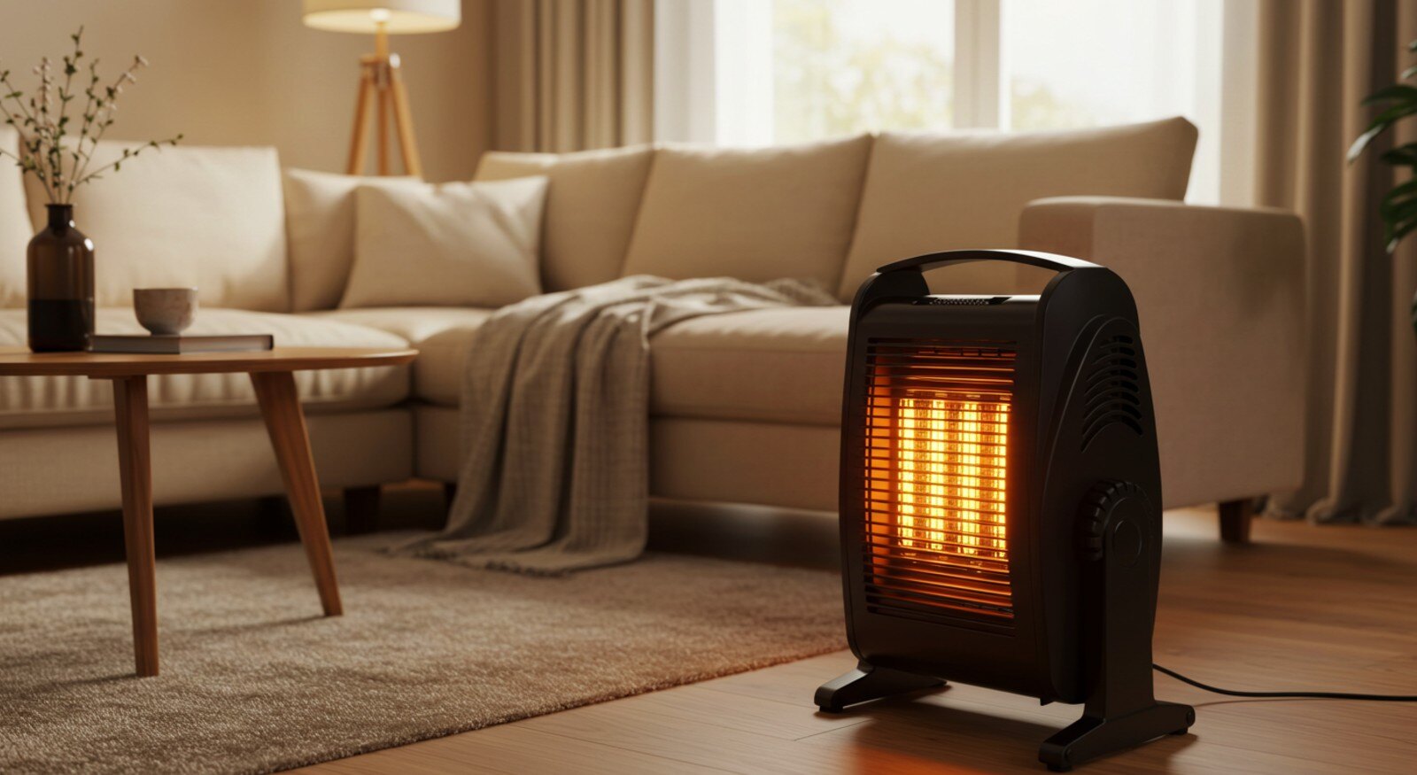 A living room with a space heater.