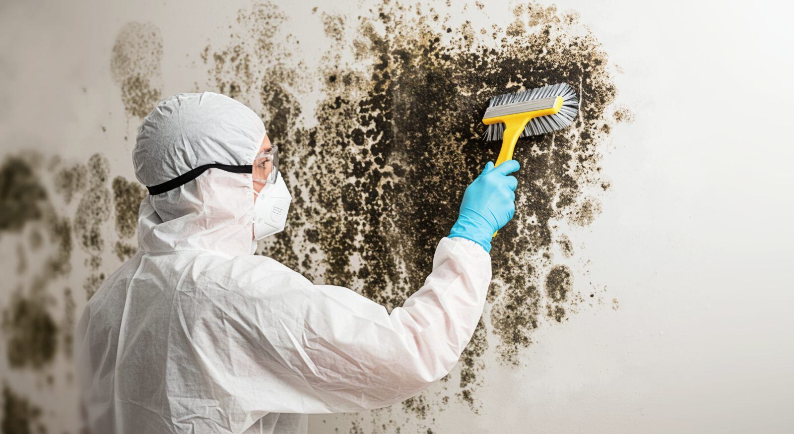 A person wearing PPE brushing mold of a wall