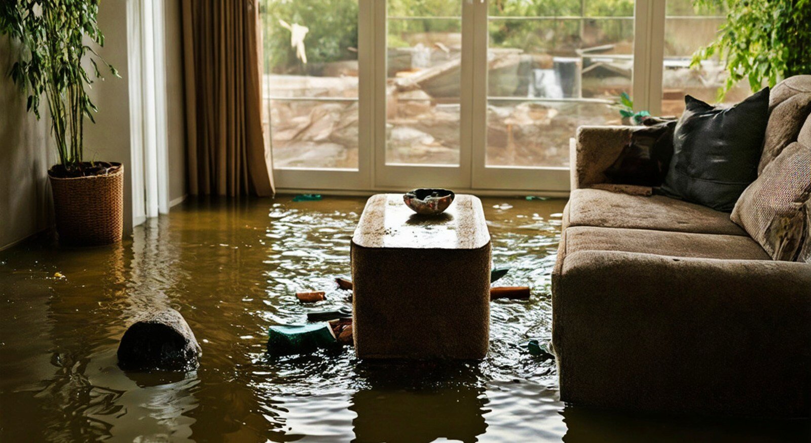 Flooded living room showing signs of water damage restoration