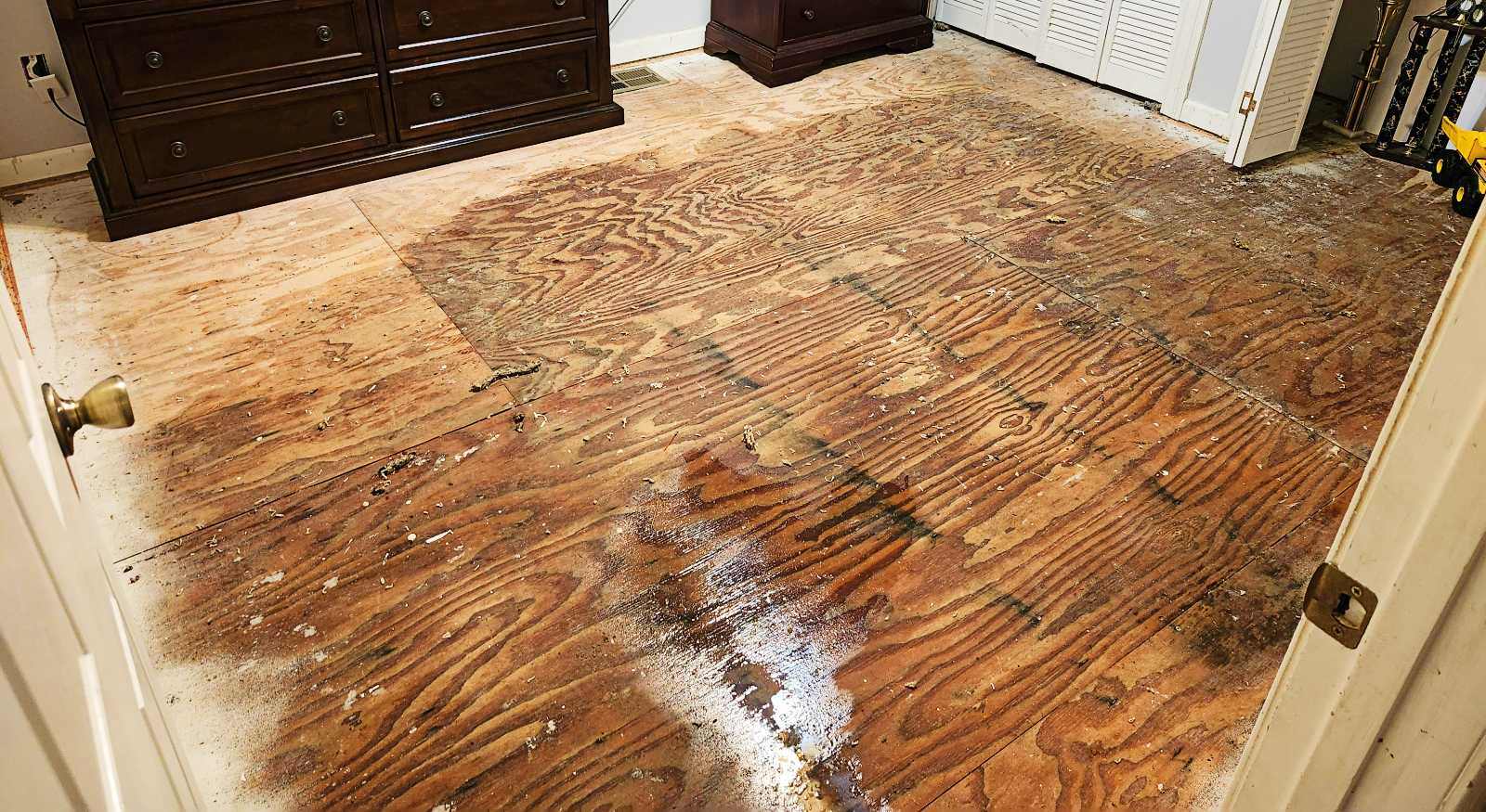 A room with floor boards presenting water damage.