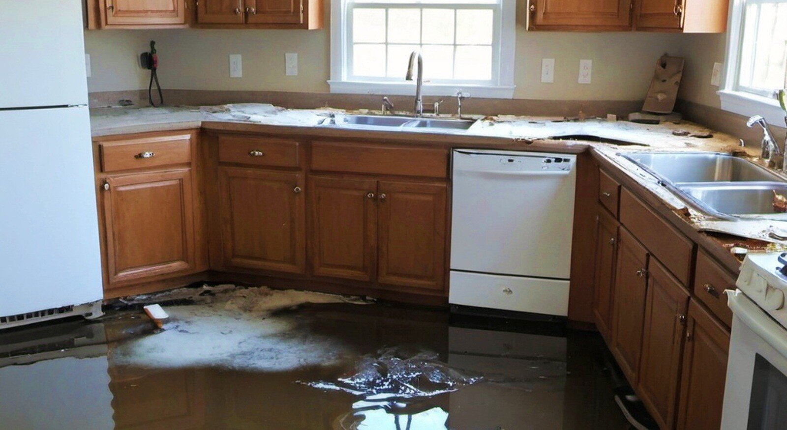 Kitchen with water damaged floor