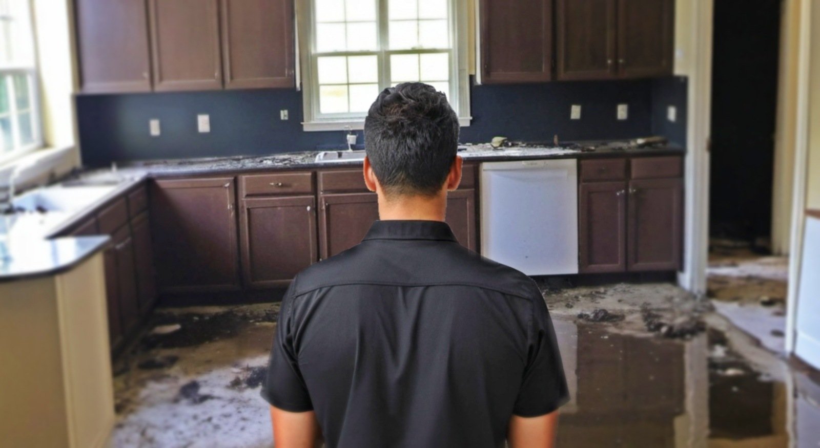 Technician standing in fron of a water damaged kitchen